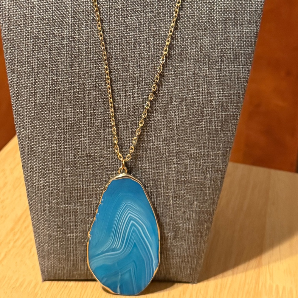 Blue Agate Pendant Necklace in Gold Tone - Women Jewelry